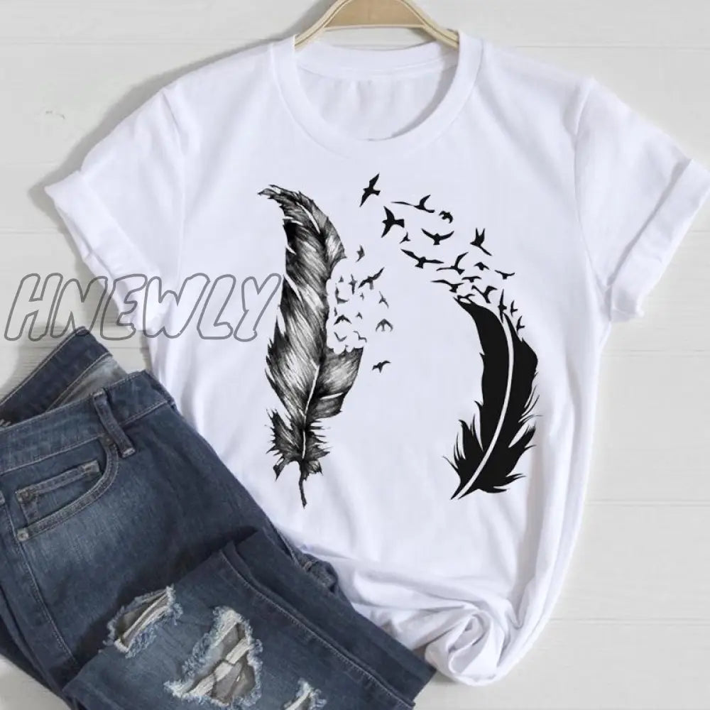 Hnewly Women Short Sleeve Feather 90S Style Fashion Cartoon Summer Graphic T Top Lady Print Tee