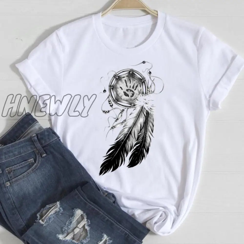 Hnewly Women Short Sleeve Feather 90S Style Fashion Cartoon Summer Graphic T Top Lady Print Tee