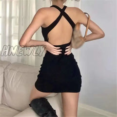 Hnewly Women Sleeveless Halter Collar Short Dress Solid Color Crisscross Backless Package Hip