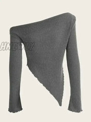 Hnewly Women Solid Autumn Winter Grunge Asymmetrical Neck Rib-Knit Tee Strapless Blouse Long Sleeve