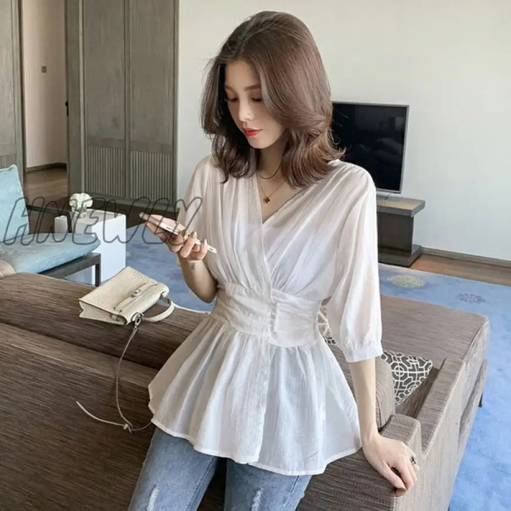 Hnewly Women Solid Slim Waist Short Sleeve Chiffon Blouse Casual V-Neck Blouses Shirts New Fashion