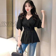 Hnewly Women Solid Slim Waist Short Sleeve Chiffon Blouse Casual V-Neck Blouses Shirts New Fashion