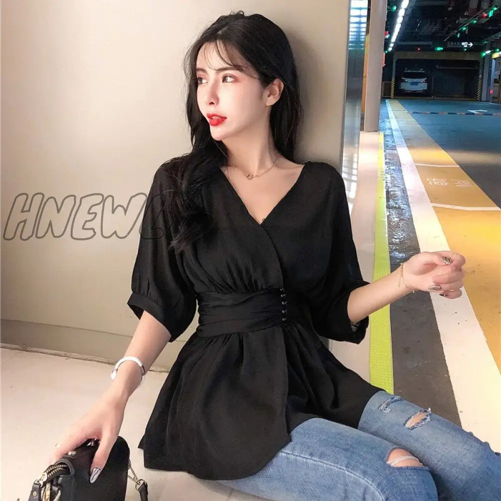 Hnewly Women Solid Slim Waist Short Sleeve Chiffon Blouse Casual V-Neck Blouses Shirts New Fashion