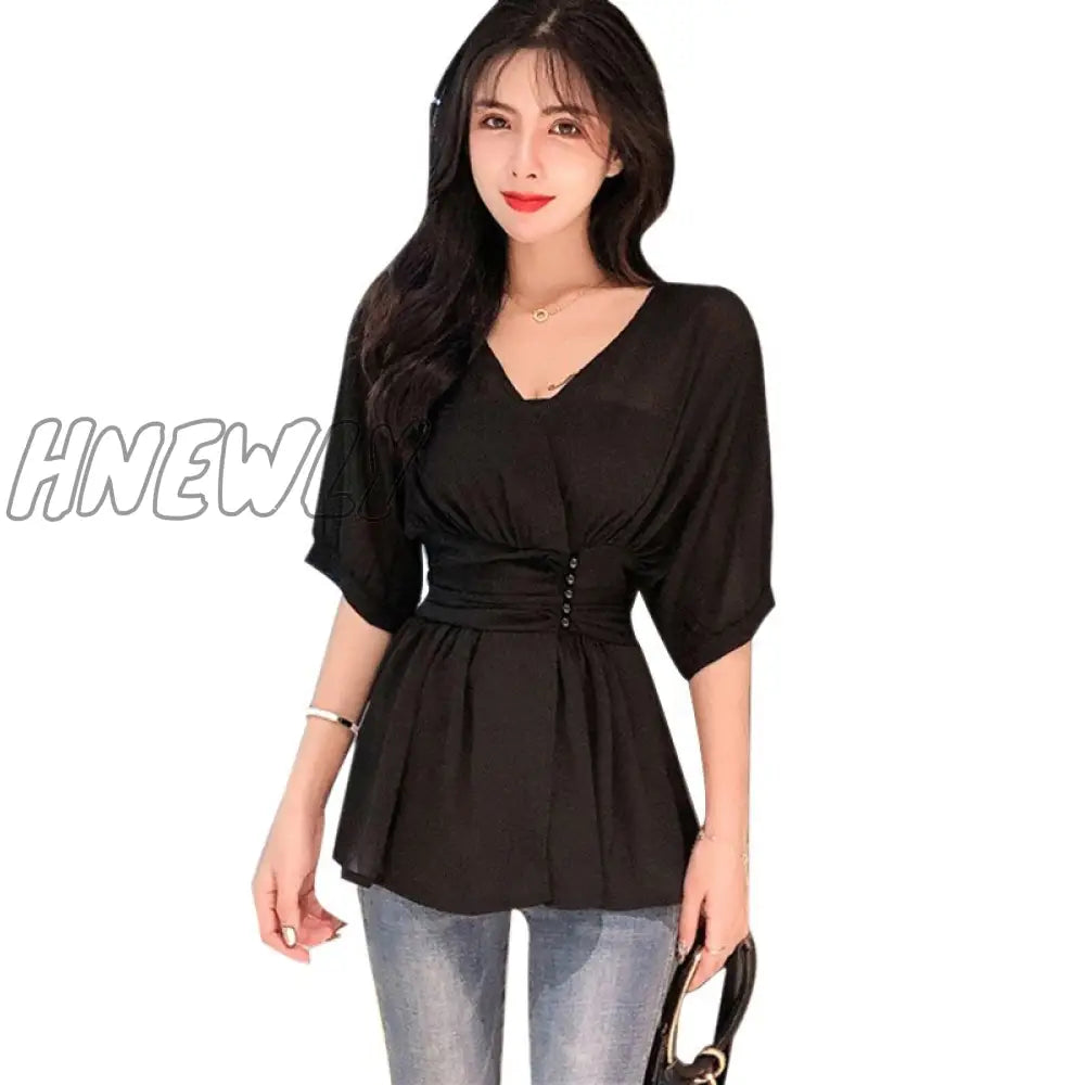 Hnewly Women Solid Slim Waist Short Sleeve Chiffon Blouse Casual V-Neck Blouses Shirts New Fashion