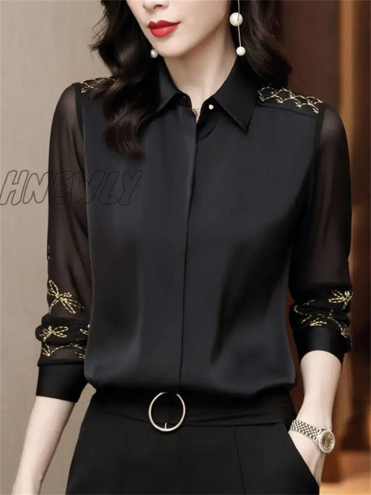 Hnewly Women Spring Autumn Style Chiffon Blouses Shirts Lady Embroidery Long Sleeve Turn-Down