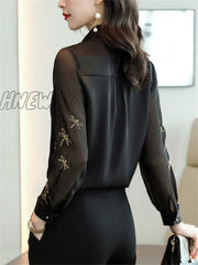 Hnewly Women Spring Autumn Style Chiffon Blouses Shirts Lady Embroidery Long Sleeve Turn-Down