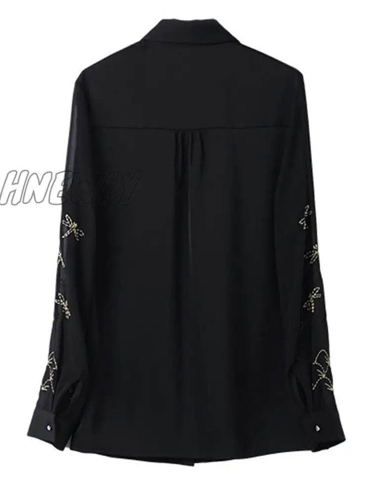 Hnewly Women Spring Autumn Style Chiffon Blouses Shirts Lady Embroidery Long Sleeve Turn-Down