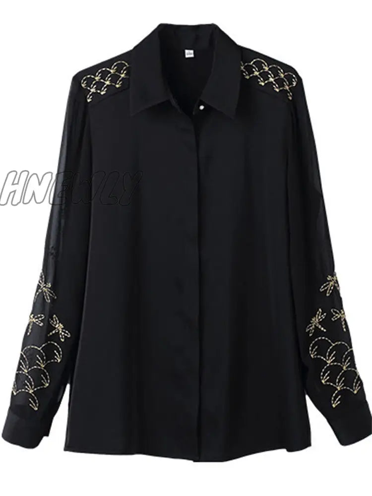 Hnewly Women Spring Autumn Style Chiffon Blouses Shirts Lady Embroidery Long Sleeve Turn-Down