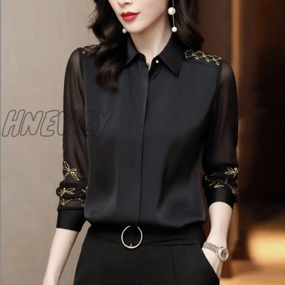 Hnewly Women Spring Autumn Style Chiffon Blouses Shirts Lady Embroidery Long Sleeve Turn-Down