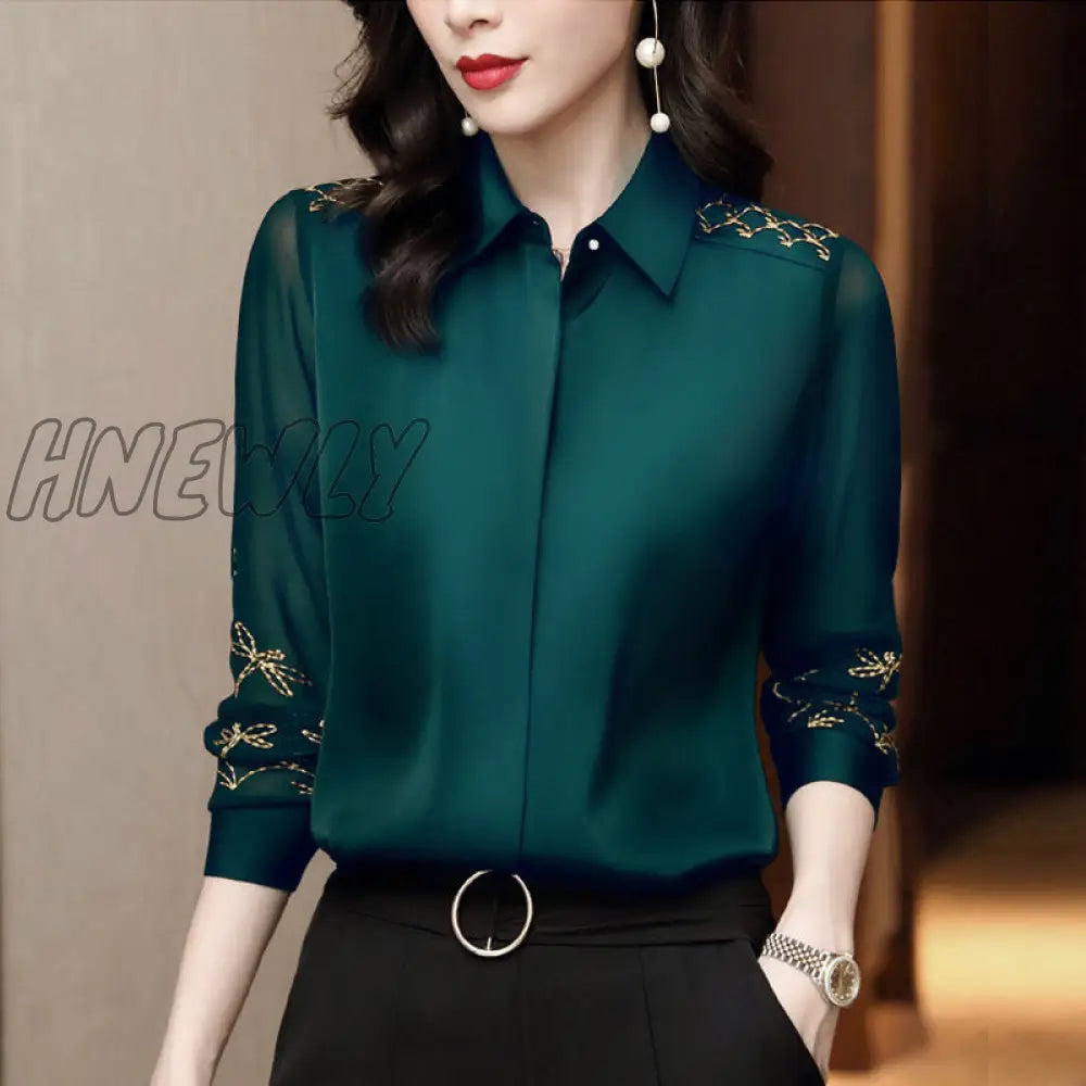 Hnewly Women Spring Autumn Style Chiffon Blouses Shirts Lady Embroidery Long Sleeve Turn-Down