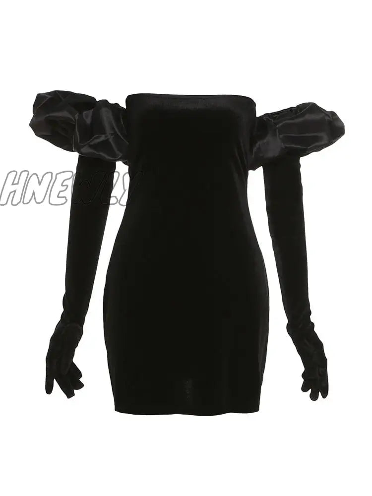 Hnewly Women Strapless Velvet Dress Elastic Bodycon With Clouds Gloves Birthday Vacation Party