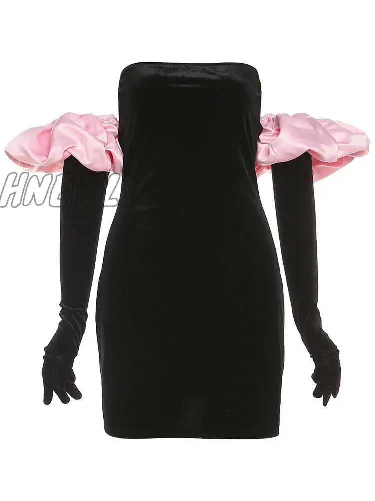 Hnewly Women Strapless Velvet Dress Elastic Bodycon With Clouds Gloves Birthday Vacation Party