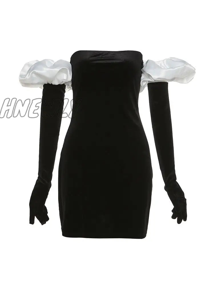 Hnewly Women Strapless Velvet Dress Elastic Bodycon With Clouds Gloves Birthday Vacation Party