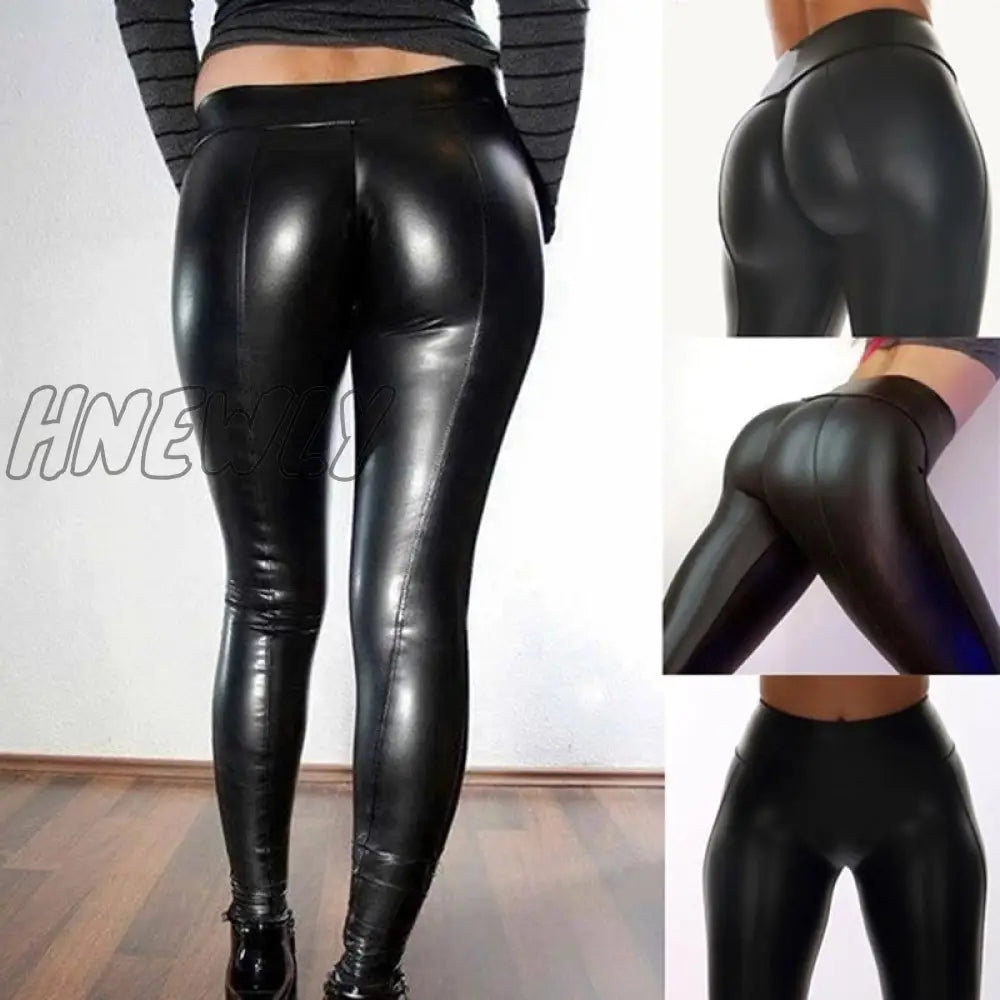 Hnewly Women Stretch Pants Sweatpants Wet Look Butt Lift Leather Pv Skinny Leggings Trousers Ropa