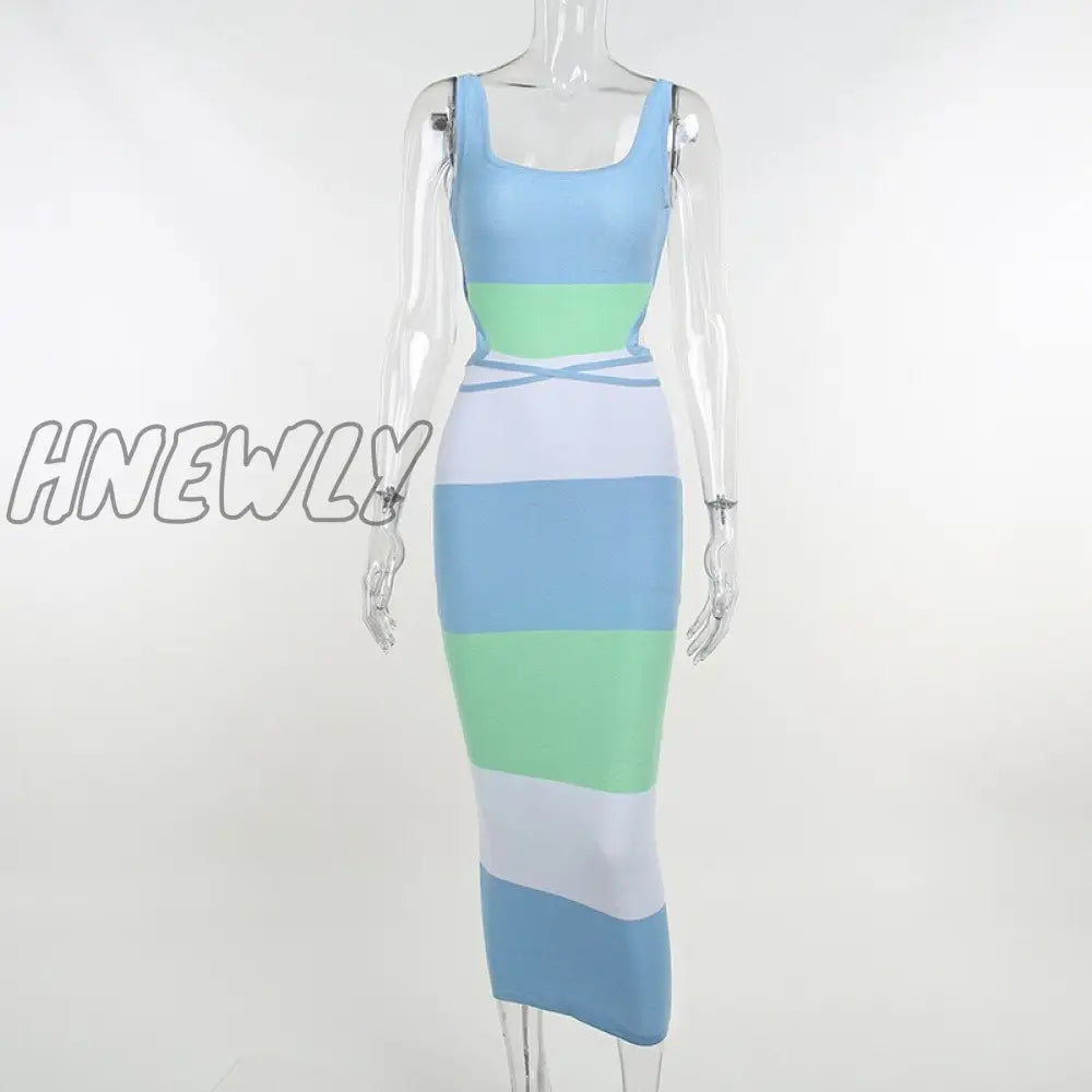 Hnewly Women Stripe Knitted Backless Sexy Bodycon Dress Bandage Contrast Color Spaghetti Strap Long