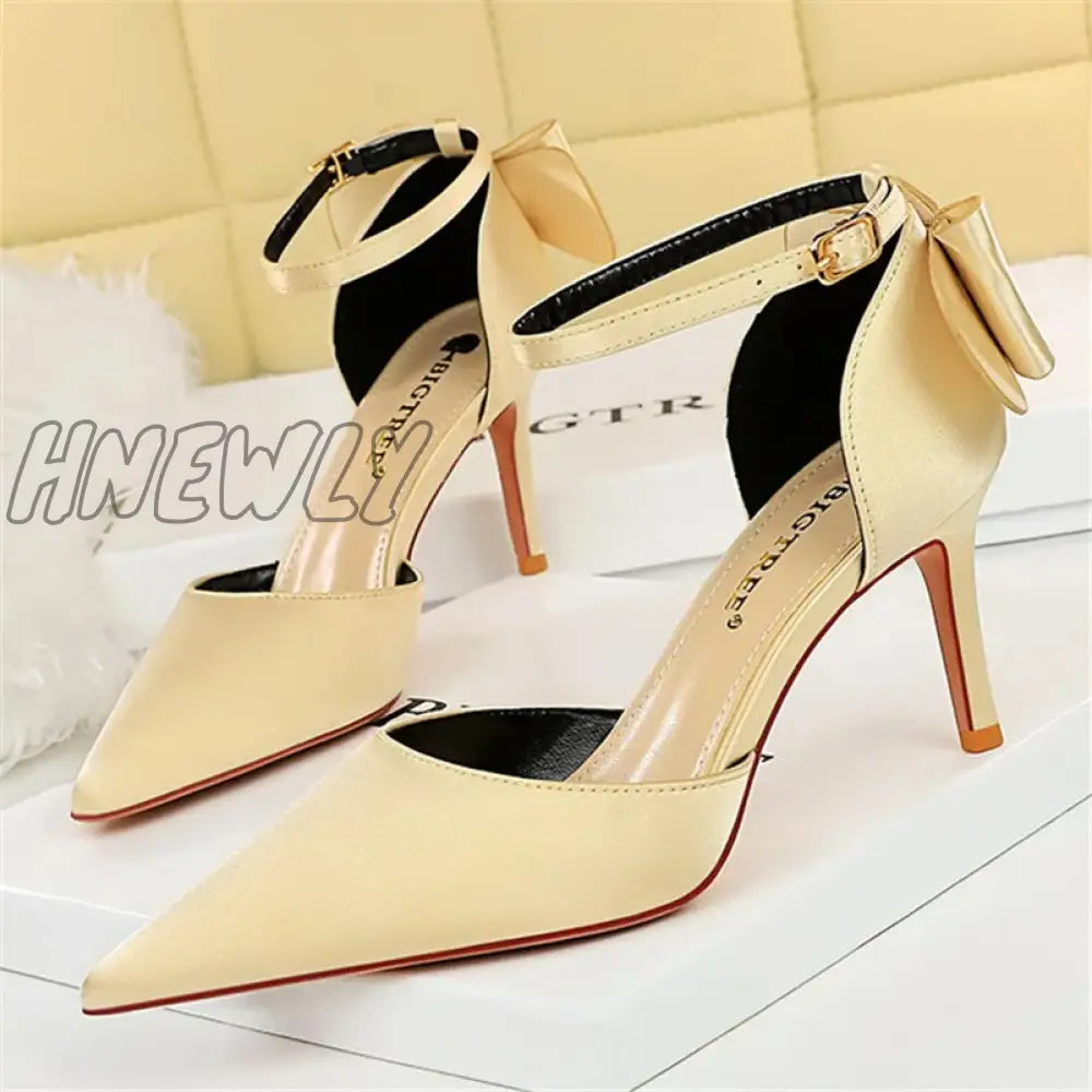 Hnewly Women Summer 8Cm 10Cm High Heels Elegant Sandals Lady Silk Wedding Low Butterfly Knot Bow