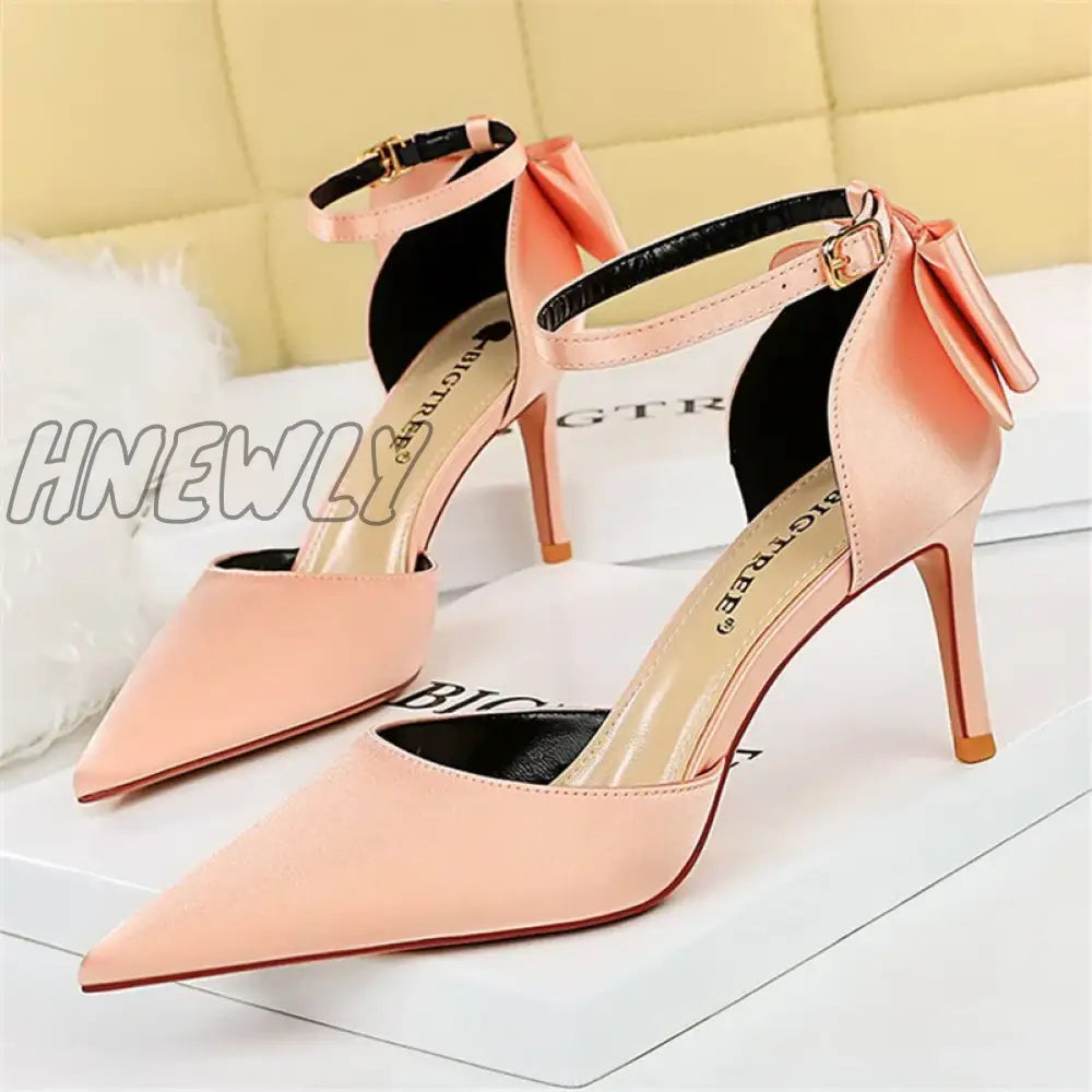 Hnewly Women Summer 8Cm 10Cm High Heels Elegant Sandals Lady Silk Wedding Low Butterfly Knot Bow