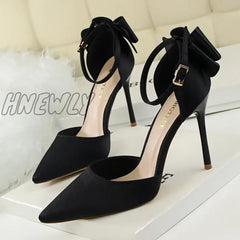 Hnewly Women Summer 8Cm 10Cm High Heels Elegant Sandals Lady Silk Wedding Low Butterfly Knot Bow