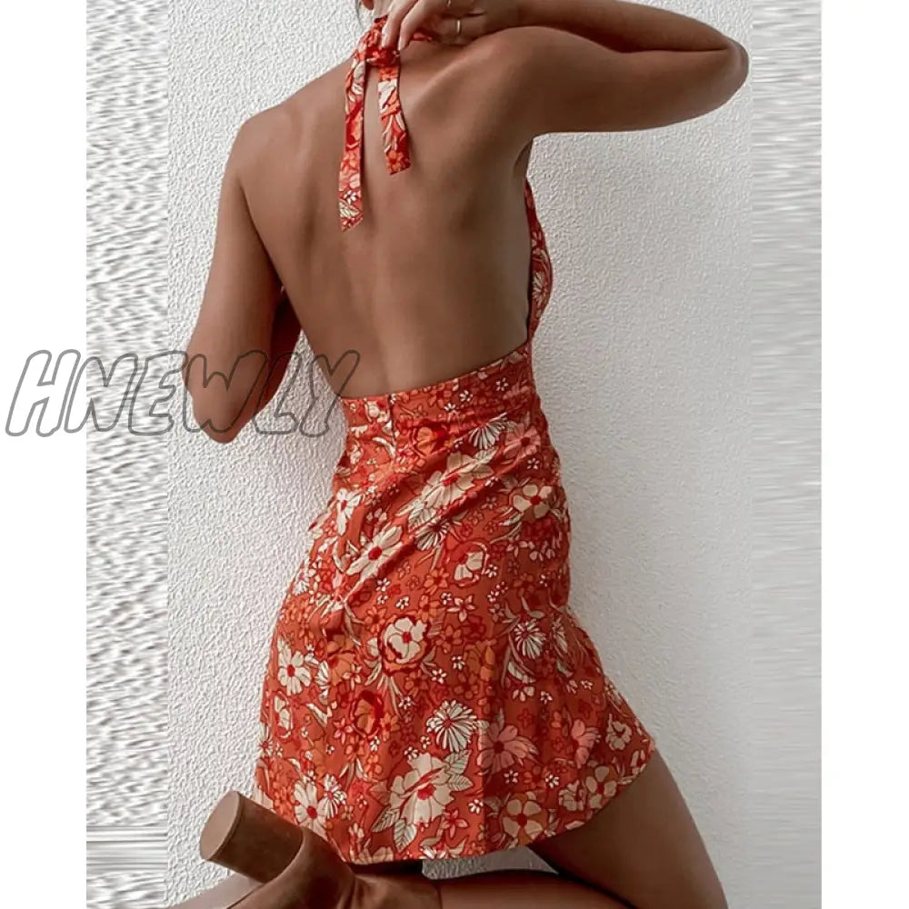 Hnewly Women Summer Floral Print Sleeveless Halter Neck Mini Dress Boho Deep V Backless A Line