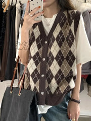 Hnewly Women Sweater Vest Autumn V-Neck Tops Sleeveless Knitted Loose Korean Vests Argyle Sweaters