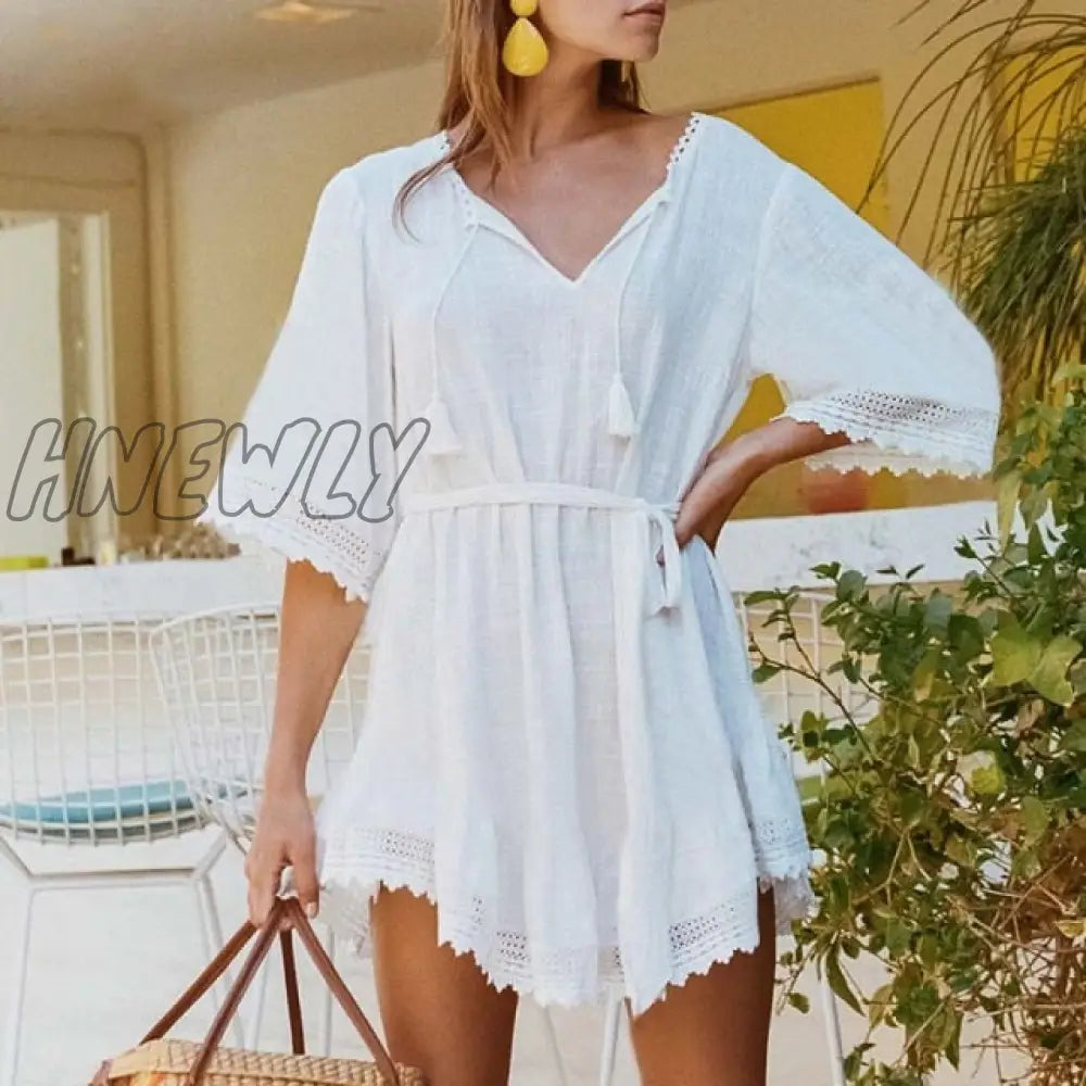 Hnewly Women Swimsuit Cover Up Sleeve Kaftan Beach Tunic Dress Robe De Plage Solid White Cotton