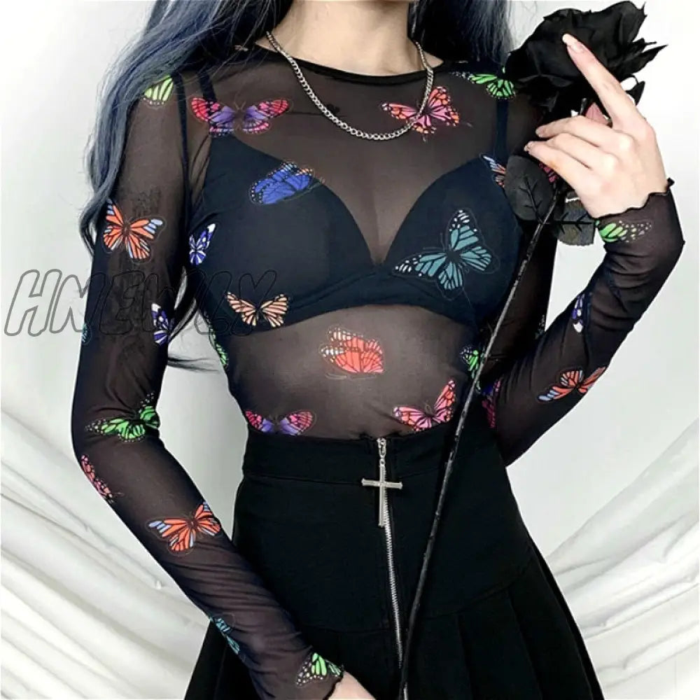 Hnewly Women T-Shirt Summer Butterfly Print Mesh Sheer Sexy Tee Shirts Long Sleeve See Through