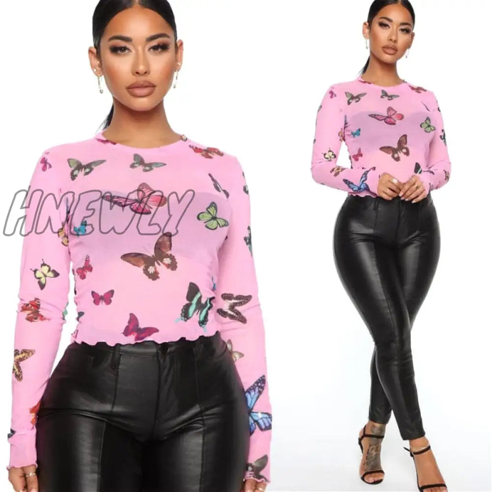 Hnewly Women T-Shirt Summer Butterfly Print Mesh Sheer Sexy Tee Shirts Long Sleeve See Through