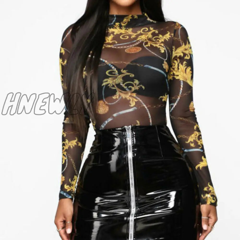 Hnewly Women T-Shirt Summer Butterfly Print Mesh Sheer Sexy Tee Shirts Long Sleeve See Through