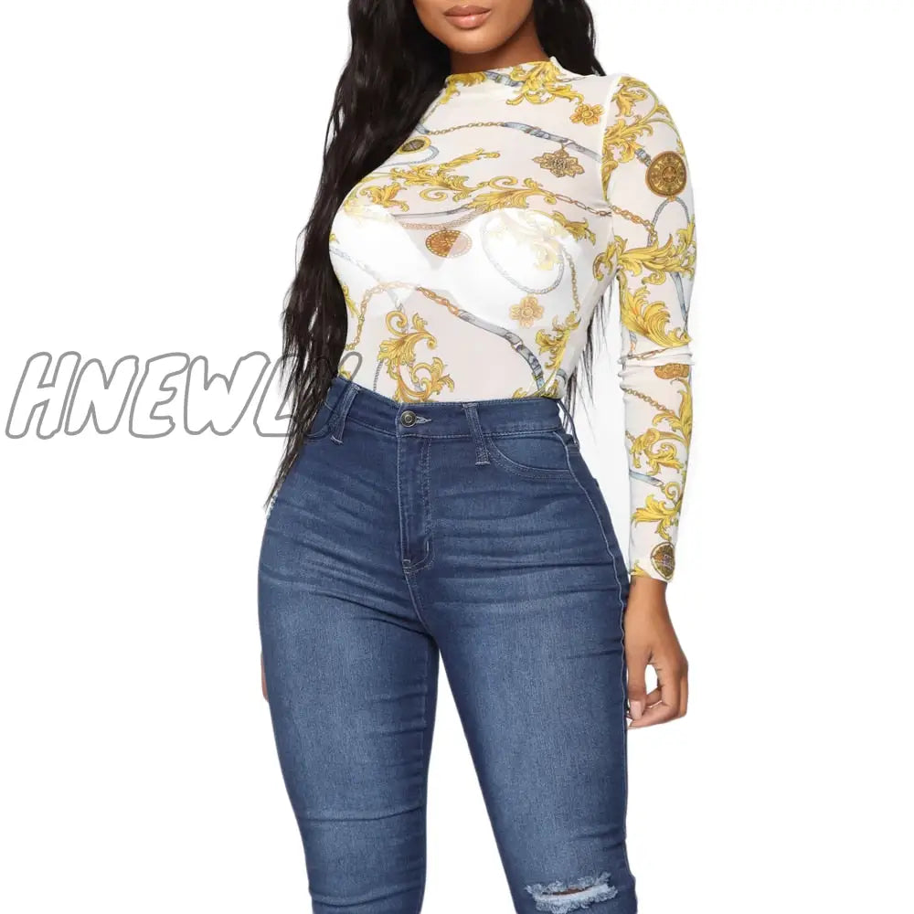 Hnewly Women T-Shirt Summer Butterfly Print Mesh Sheer Sexy Tee Shirts Long Sleeve See Through