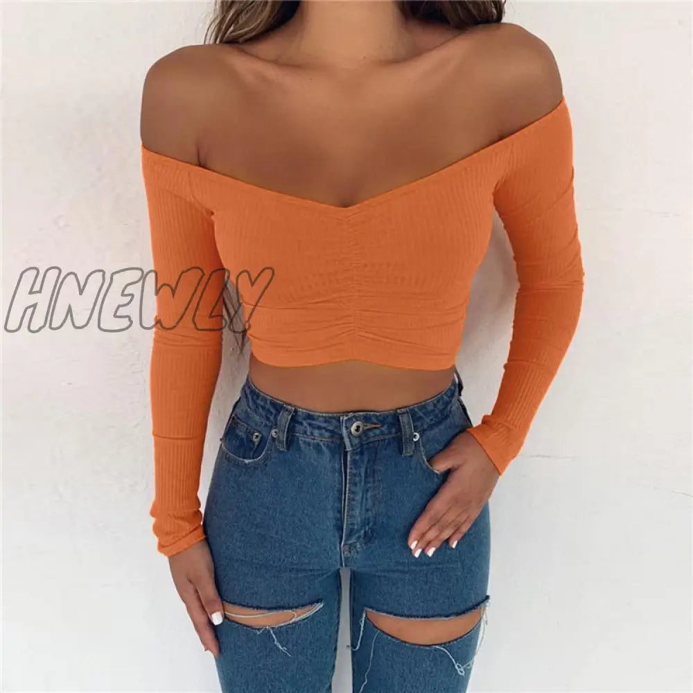 Hnewly Women T - Shirts Sexy And Club Fashion Female T - Shirt Long Sleeve Off Shoulder Solid Color