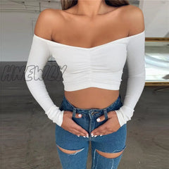 Hnewly Women T - Shirts Sexy And Club Fashion Female T - Shirt Long Sleeve Off Shoulder Solid Color