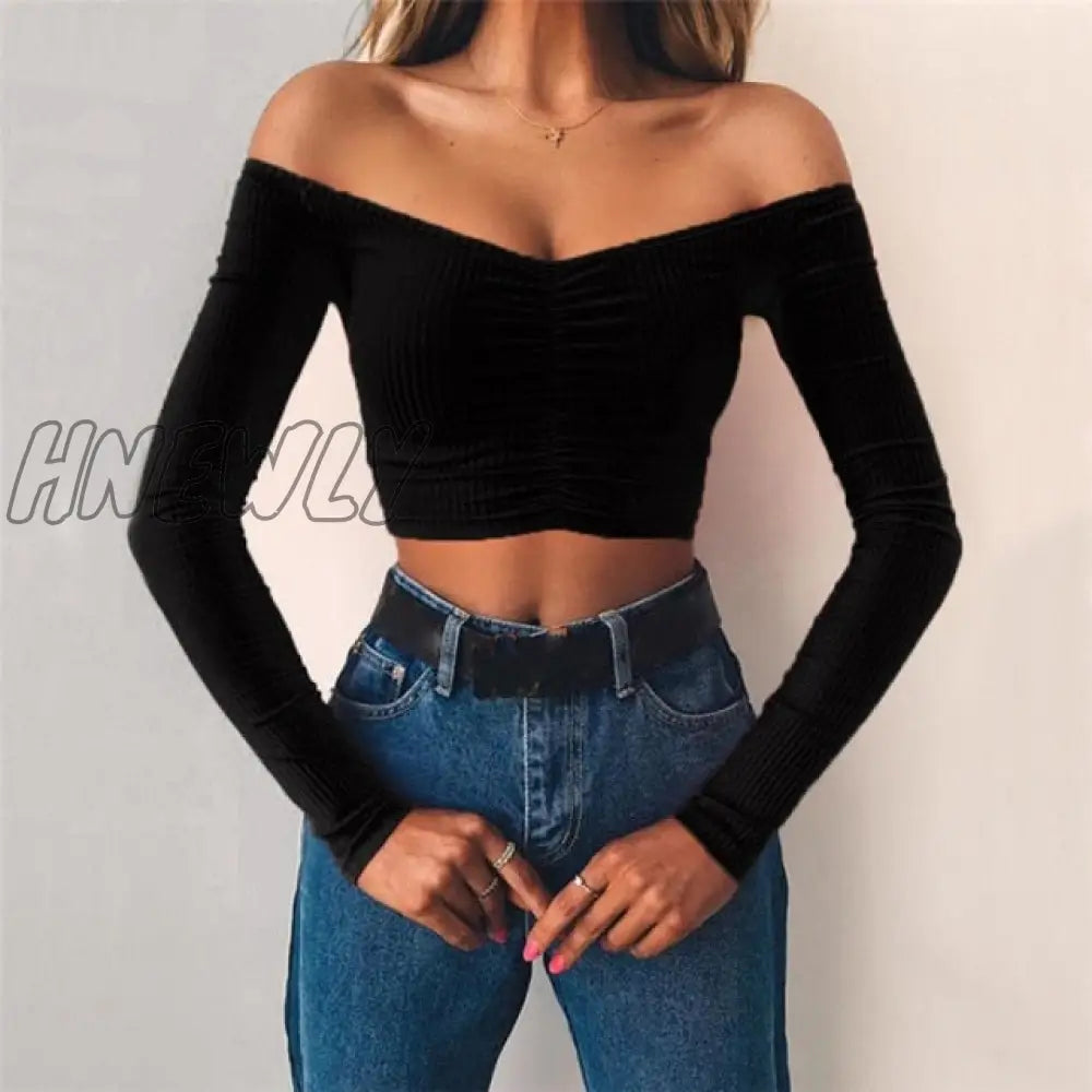 Hnewly Women T - Shirts Sexy And Club Fashion Female T - Shirt Long Sleeve Off Shoulder Solid Color