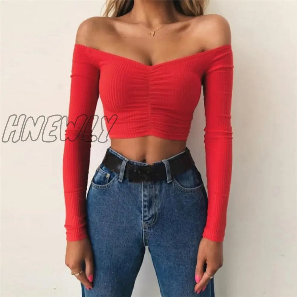 Hnewly Women T - Shirts Sexy And Club Fashion Female T - Shirt Long Sleeve Off Shoulder Solid Color