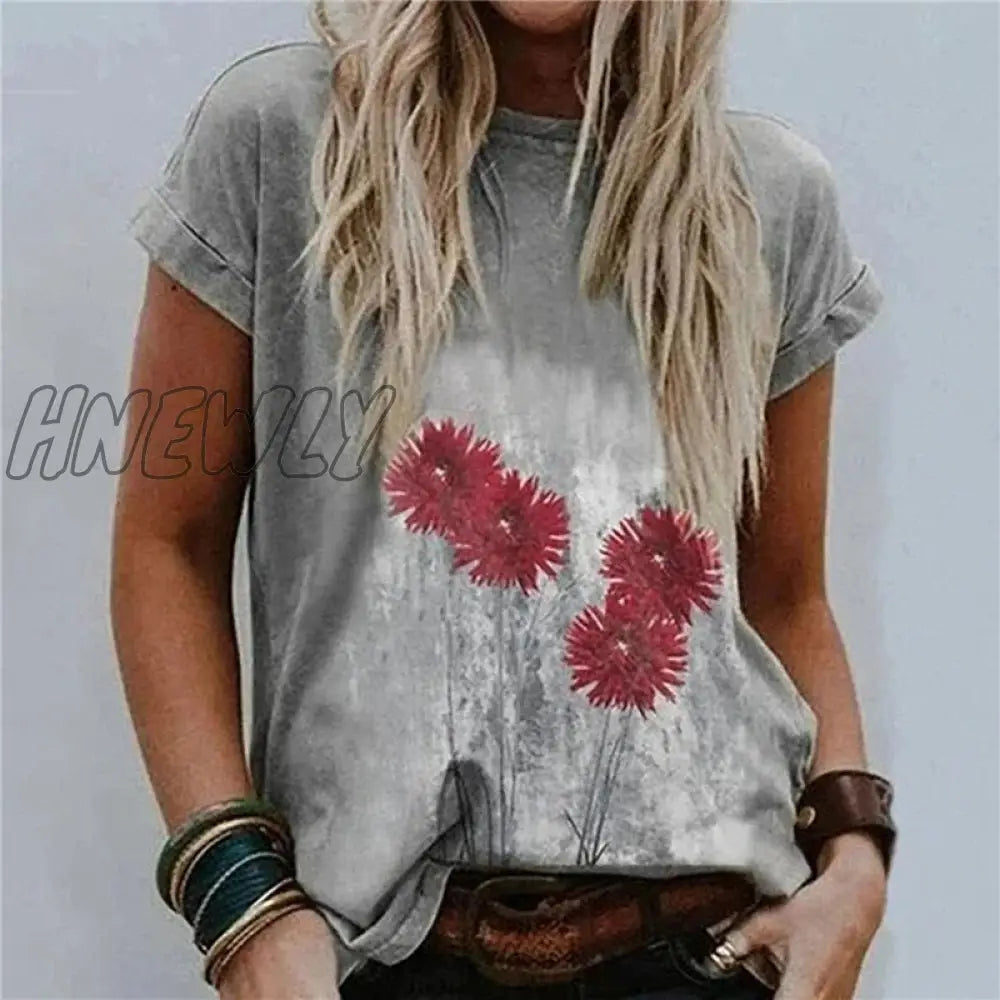 Hnewly Women T-Shirts Summer Casual Round Neck Fashion Heart Print Shaped Faded Tees Floral Printed