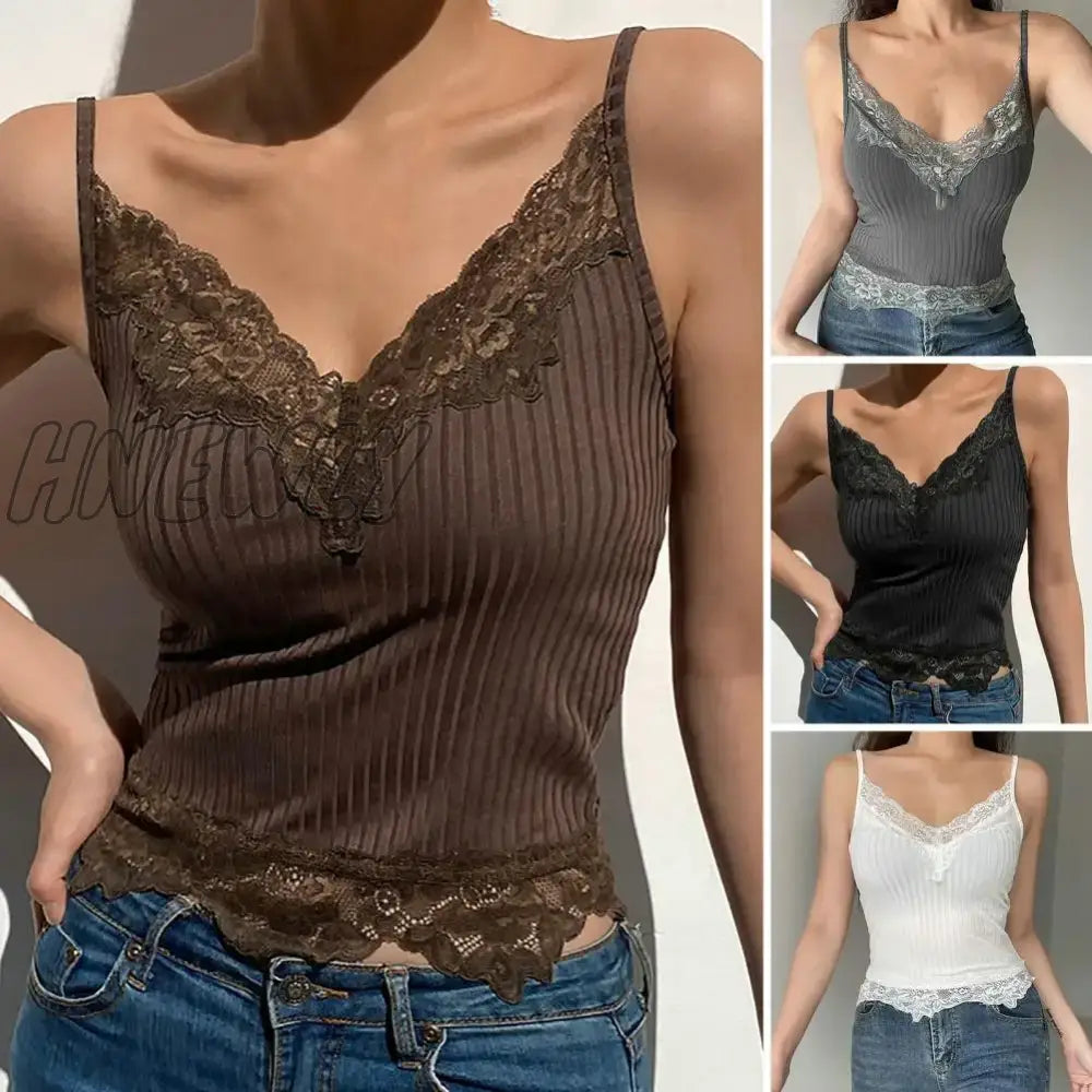 Hnewly Women Tank Top Deep V Lace Neck Slim Fit Sleeveless Pullover Casual Wear Solid Color Sexy