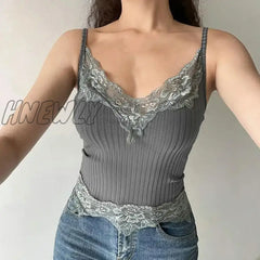 Hnewly Women Tank Top Deep V Lace Neck Slim Fit Sleeveless Pullover Casual Wear Solid Color Sexy