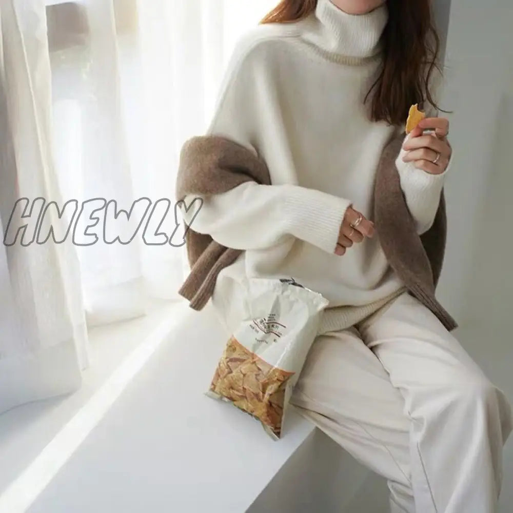 Hnewly Women Turtleneck Cashmere Sweater Winter Korean Style Loose Warm Knitted Pullover Female