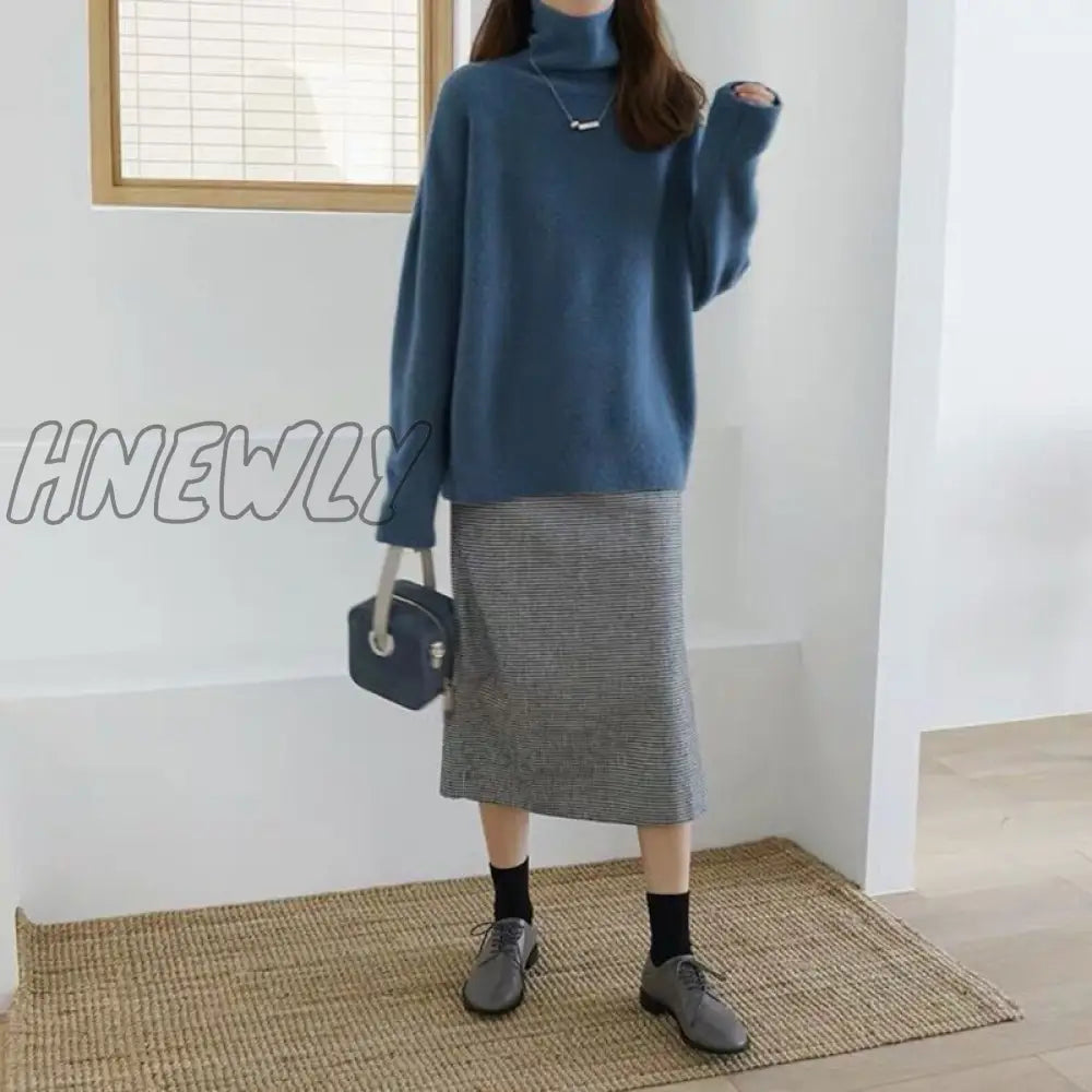 Hnewly Women Turtleneck Cashmere Sweater Winter Korean Style Loose Warm Knitted Pullover Female