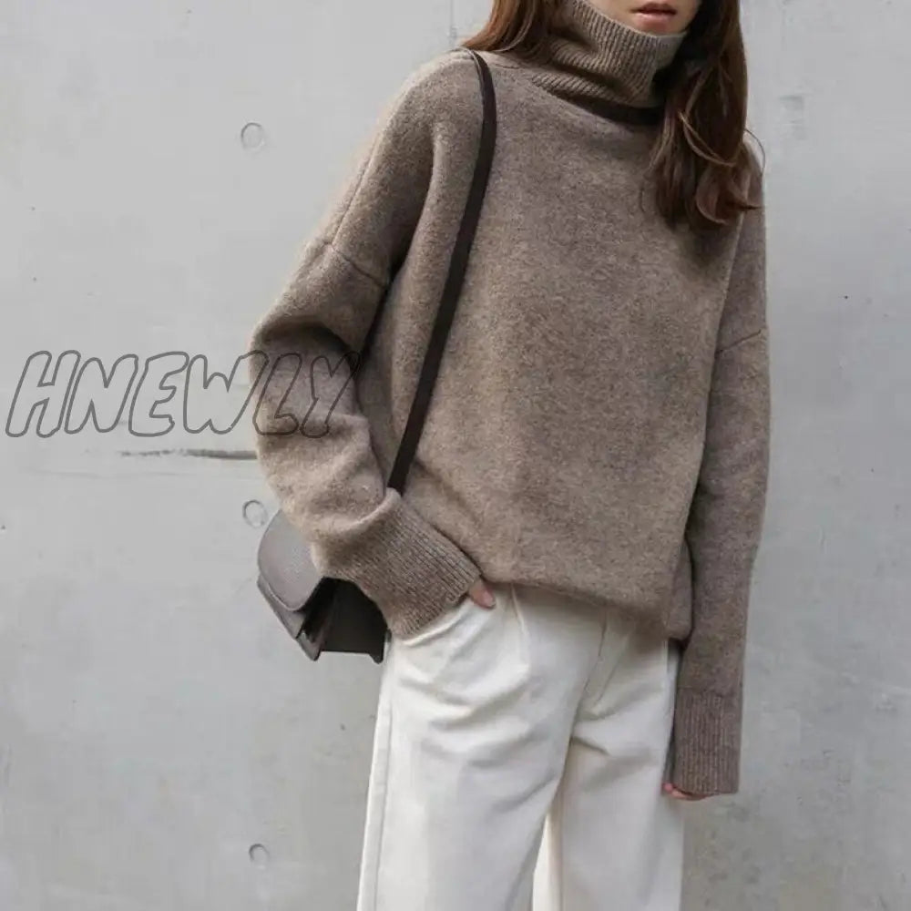 Hnewly Women Turtleneck Cashmere Sweater Winter Korean Style Loose Warm Knitted Pullover Female