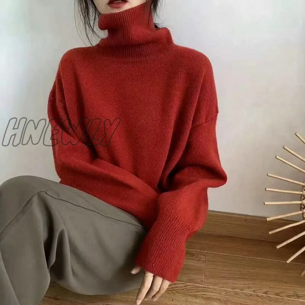 Hnewly Women Turtleneck Cashmere Sweater Winter Korean Style Loose Warm Knitted Pullover Female