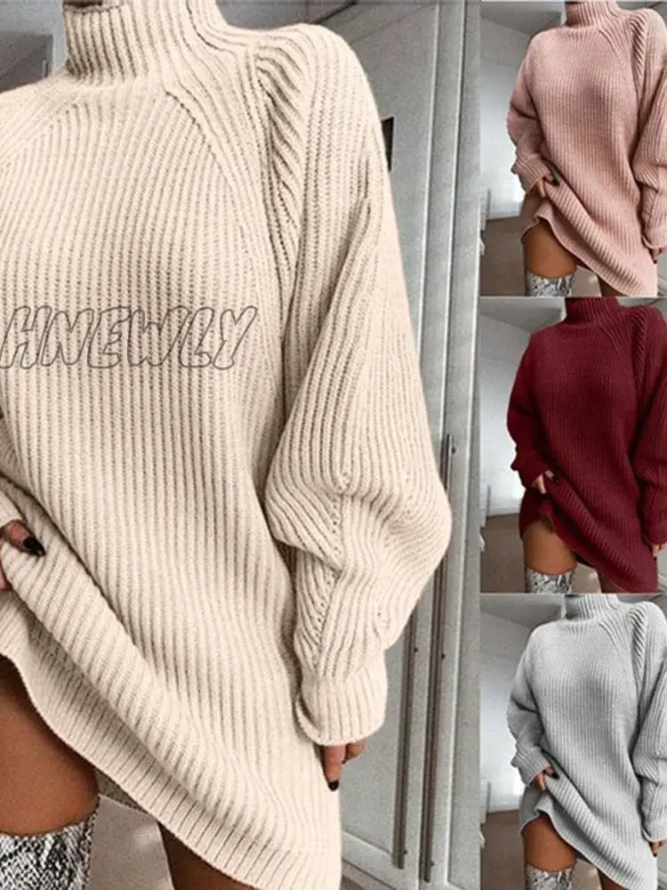 Hnewly Women Turtleneck Oversized Knitted Dress Autumn Solid Long Sleeve Casual Elegant Mini