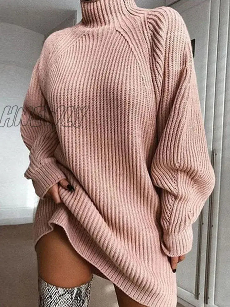 Hnewly Women Turtleneck Oversized Knitted Dress Autumn Solid Long Sleeve Casual Elegant Mini