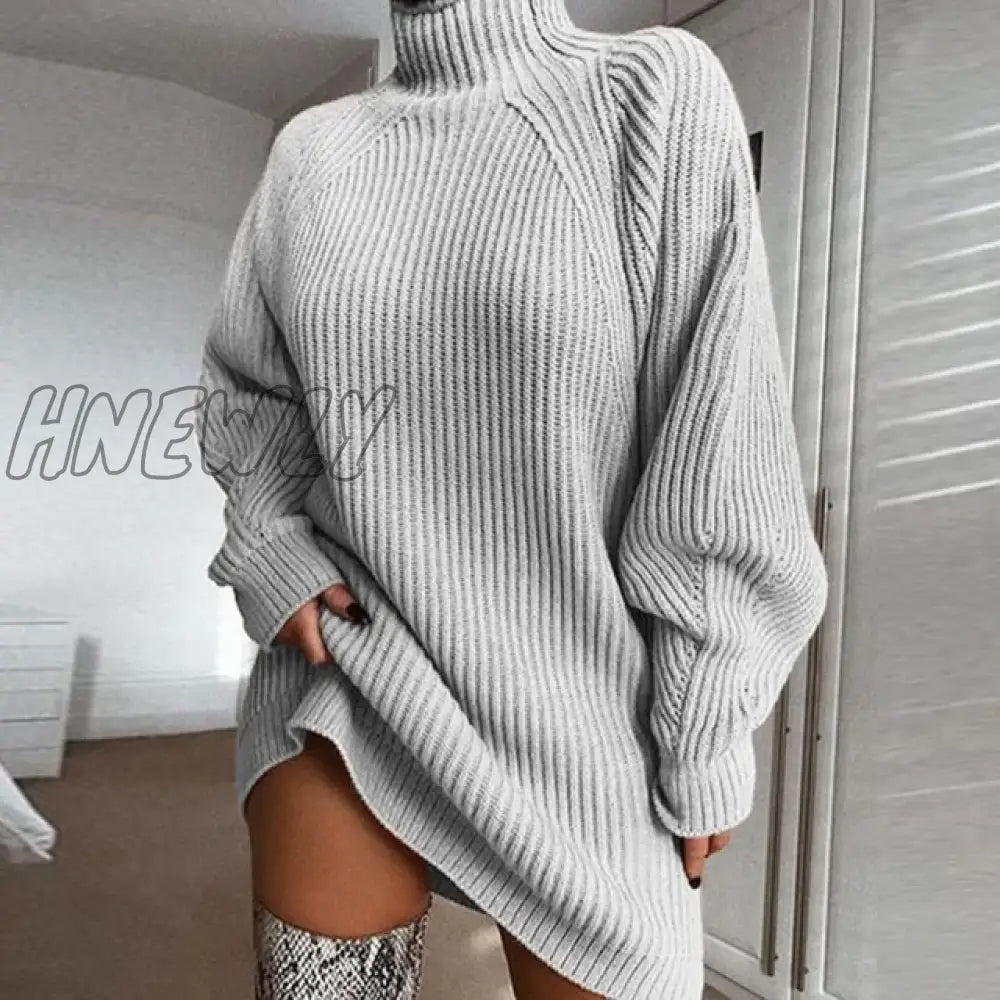 Hnewly Women Turtleneck Oversized Knitted Dress Autumn Solid Long Sleeve Casual Elegant Mini