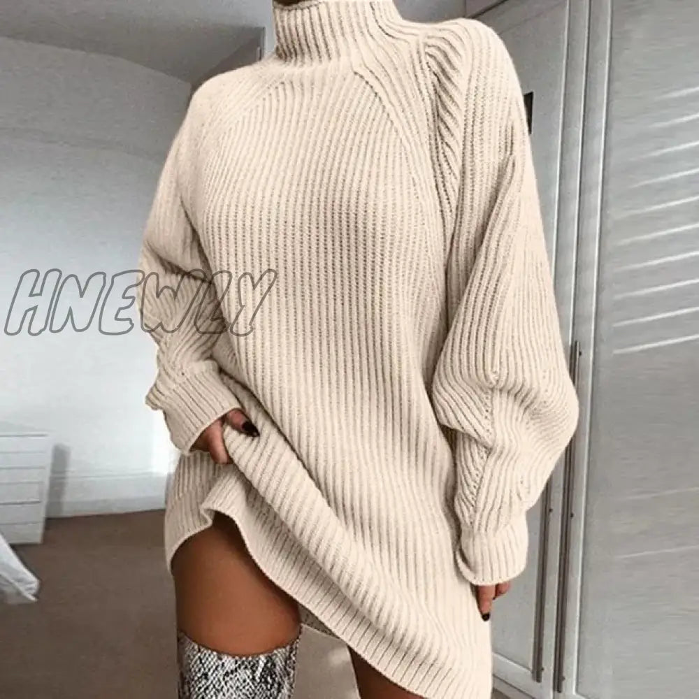 Hnewly Women Turtleneck Oversized Knitted Dress Autumn Solid Long Sleeve Casual Elegant Mini