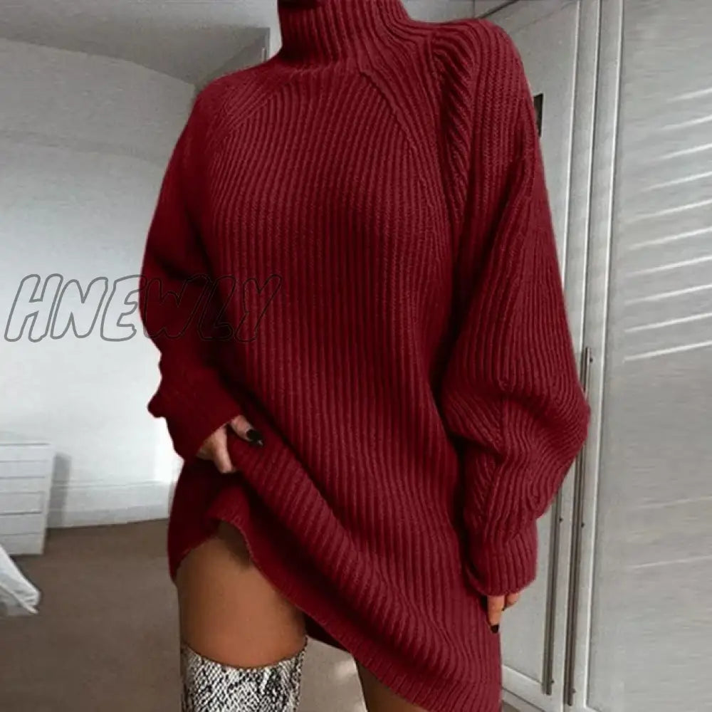 Hnewly Women Turtleneck Oversized Knitted Dress Autumn Solid Long Sleeve Casual Elegant Mini