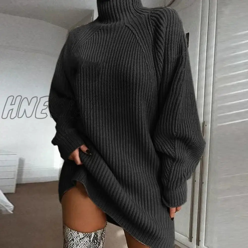 Hnewly Women Turtleneck Oversized Knitted Dress Autumn Solid Long Sleeve Casual Elegant Mini