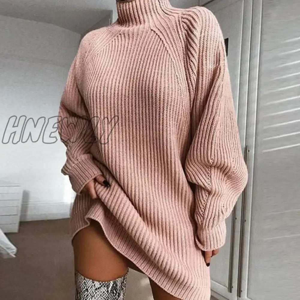 Hnewly Women Turtleneck Oversized Knitted Dress Autumn Solid Long Sleeve Casual Elegant Mini