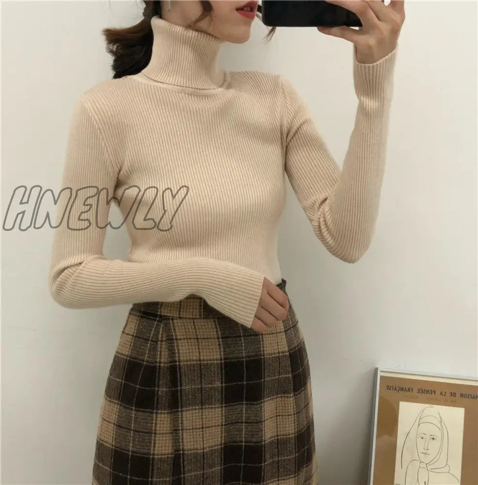 Hnewly Women Turtleneck Sweaters Autumn Winter Korean Slim Pullover Basic Tops Casual Soft Knit