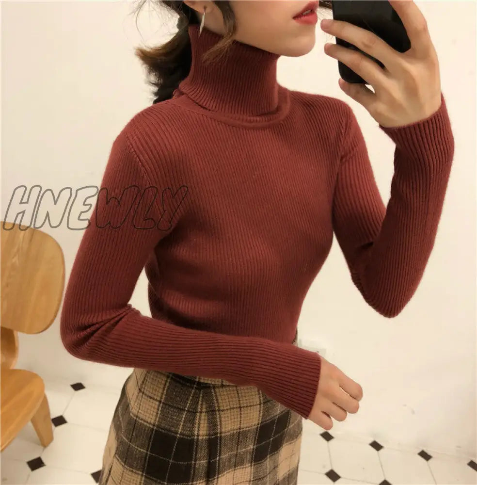 Hnewly Women Turtleneck Sweaters Autumn Winter Korean Slim Pullover Basic Tops Casual Soft Knit