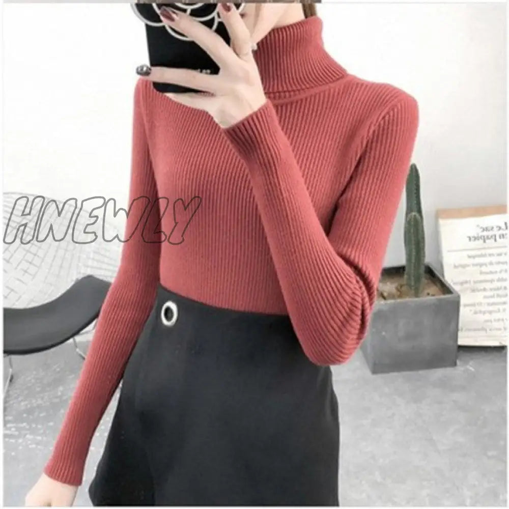 Hnewly Women Turtleneck Sweaters Autumn Winter Korean Slim Pullover Basic Tops Casual Soft Knit